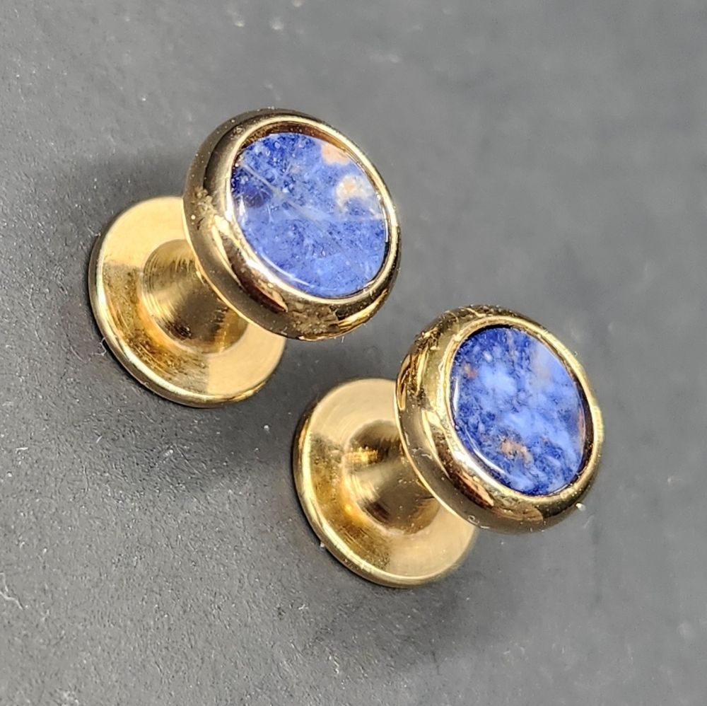 Vintage Cufflinks Blue Marble Golden Tone Mini Fixed Back Formal Classic Gift